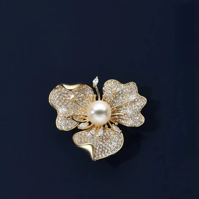 Pearl and Cubic Zirconia Plum Blossom Brooch — front product view on a dark background