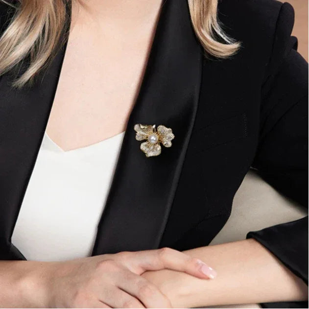 Pearl and Cubic Zirconia Plum Blossom Brooch — second close blazer-worn view showing scale