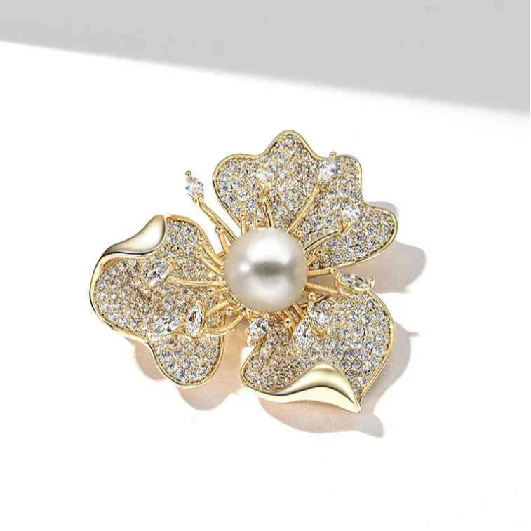 Pearl and Cubic Zirconia Plum Blossom Brooch — alternate angled close-up showing the layered petals