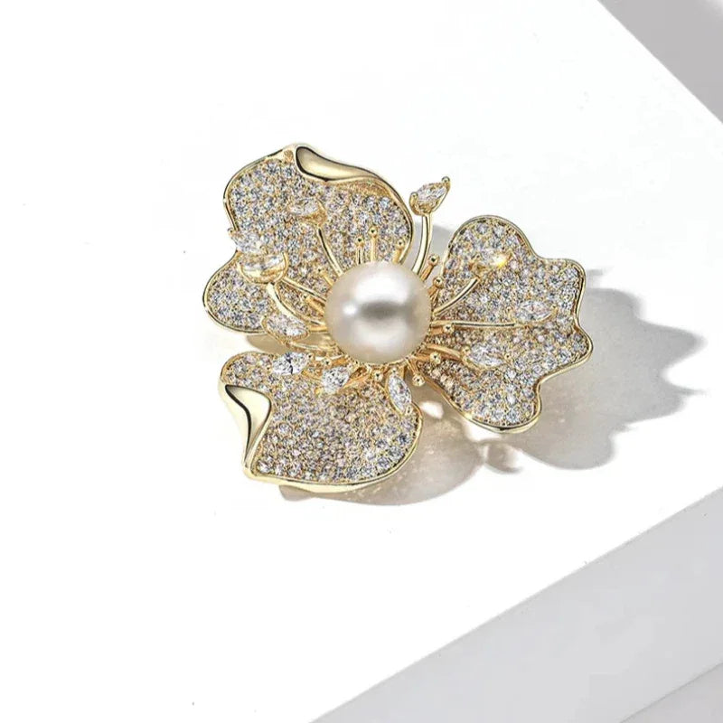 Pearl and Cubic Zirconia Plum Blossom Brooch — angled product view on white