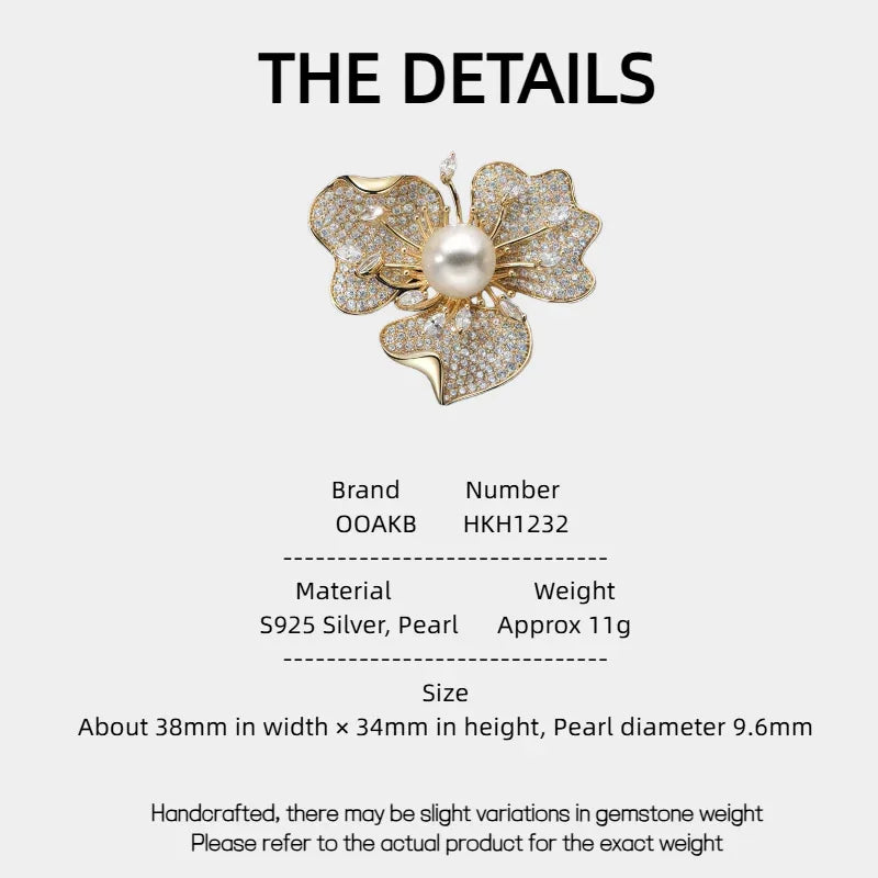 Pearl and Cubic Zirconia Plum Blossom Brooch — specification card with material and size details