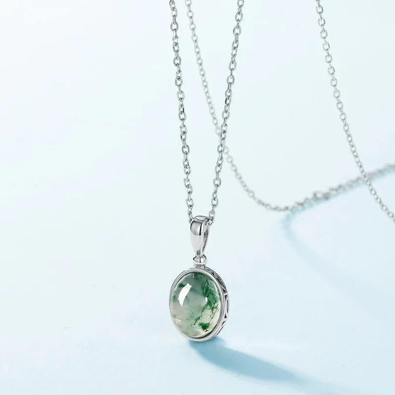 Polished Moss Agate Pendant Necklace — angled pendant and chain detail 4