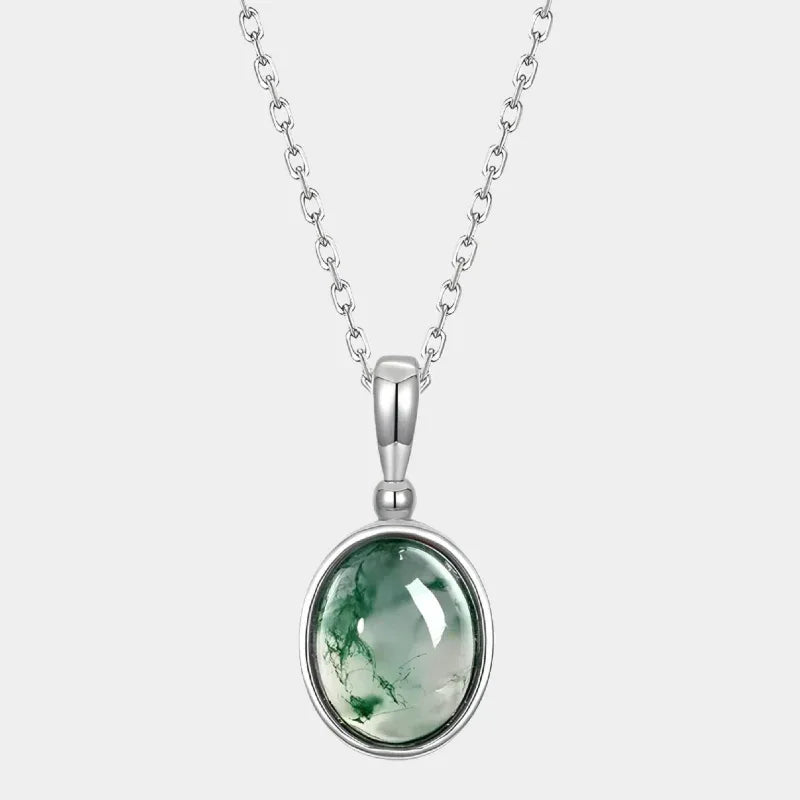 Polished Moss Agate Pendant Necklace — full necklace view on a light background