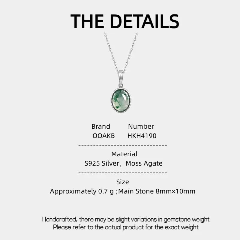 Polished Moss Agate Pendant Necklace — Moss Agate specification card with material and measurements
