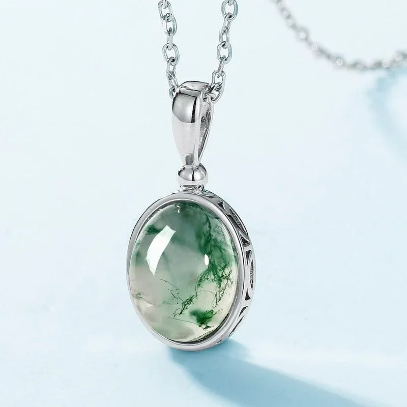 Polished Moss Agate Pendant Necklace — neckline scale view 2