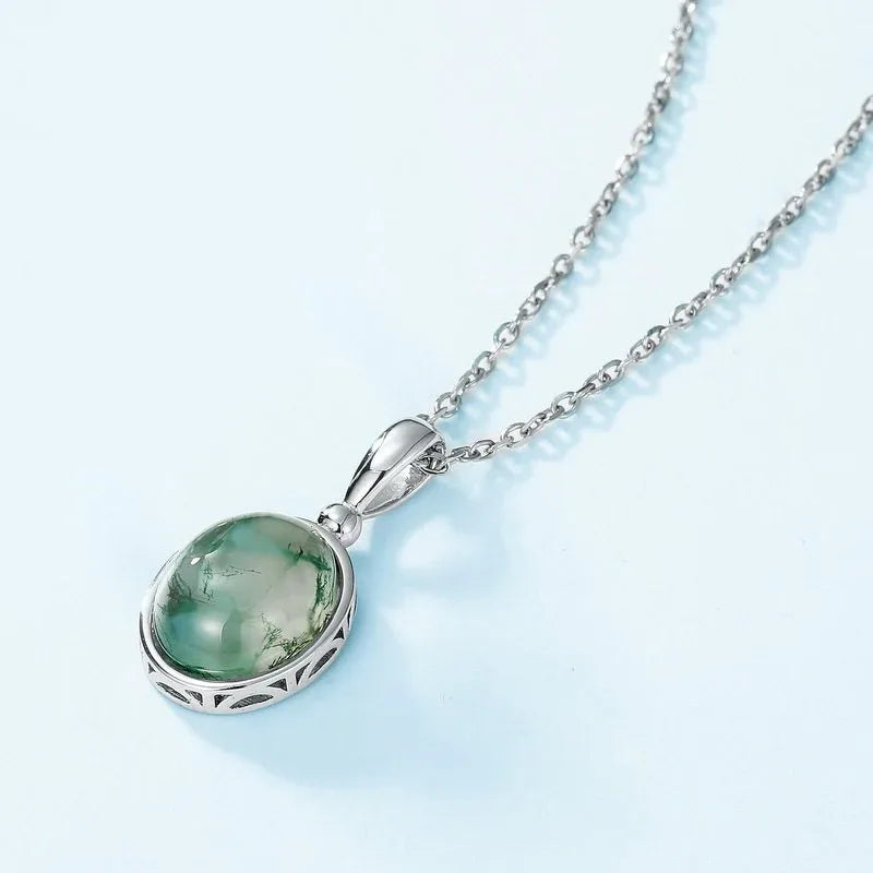 Polished Moss Agate Pendant Necklace — pendant close-up 3