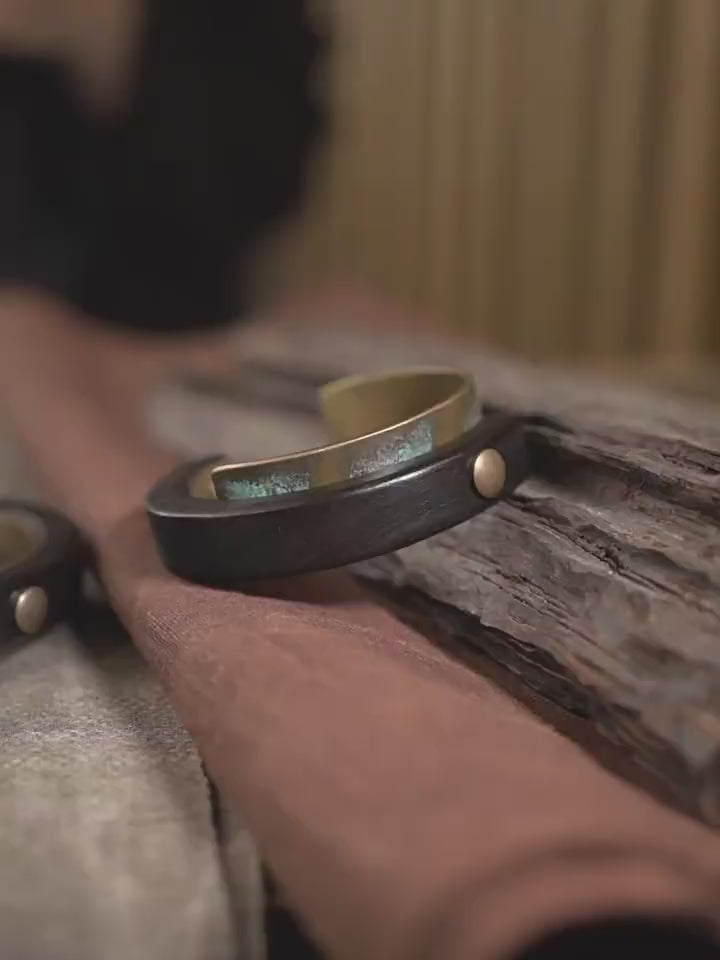 Handmade Ebony Wood & Aged Brass Open Cuff Bracelet – 5th Wood Anniversary Gift, Gender-Neutral Handmade Jewelry for Him or Her