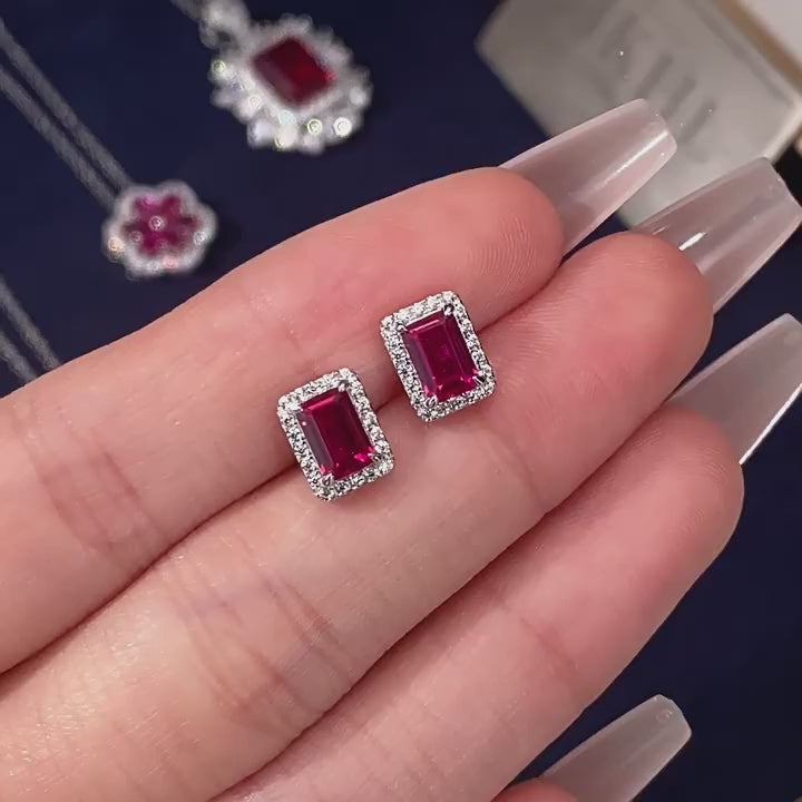 Pigeon Blood Ruby Small Square Sugar Light Luxury Earrings