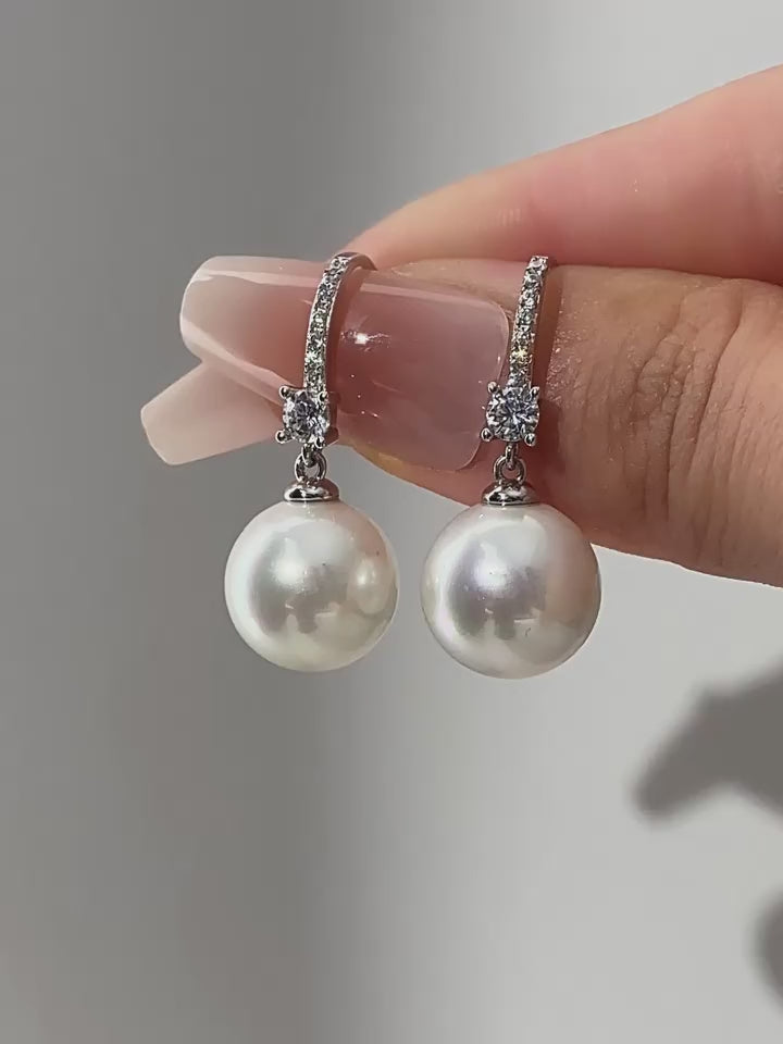 Round Pearl Full-Diamond Stud Earrings S925 Silver Women's Style
