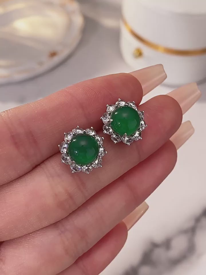 Chrysoprase Sunflower Cabochon Earrings S925 Silver Women's Style