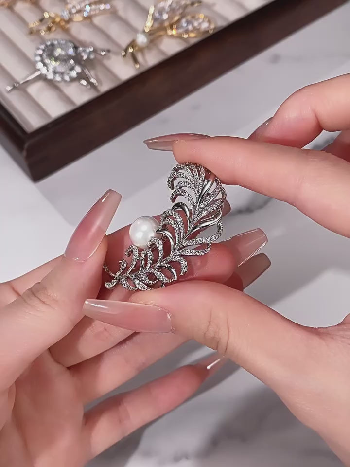 Pearl Light Feather Full-Diamond Brooch S925 Silver Women's Style