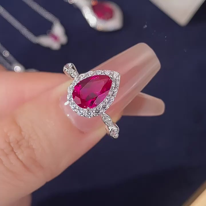 Angel's Tear Pigeon Blood Ruby Water Drop Ring Women's Style S925 Silver