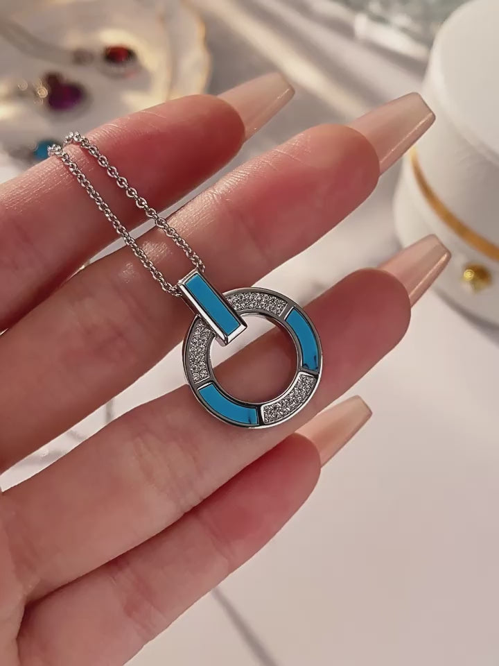 Turquoise Blue-White Contrast Circle Necklace Women's Style