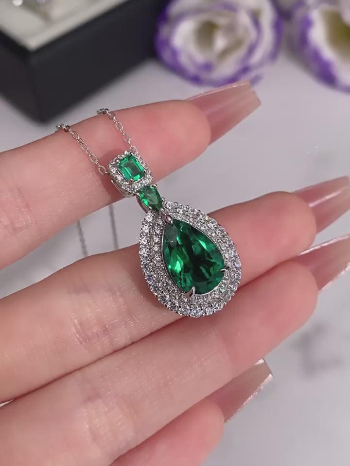Emerald Teardrop Pendant Necklace S925 Silver Women's Style