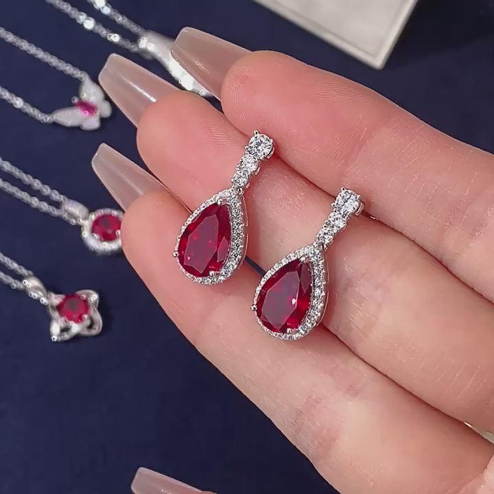 Ruby Teardrop Earrings S925 Silver Women's Style
