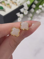 3D Lucky Clover Hetian Jade Stud Earrings S925 Silver Women's Style
