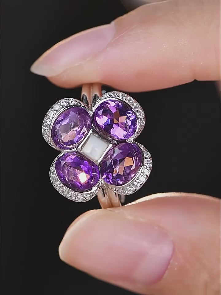 Lucky Clover Series Natural Amethyst Four-Leaf Clover S925 Silver Ring