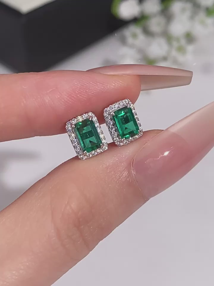 Emerald Square Stud Earrings S925 Silver Women's Style