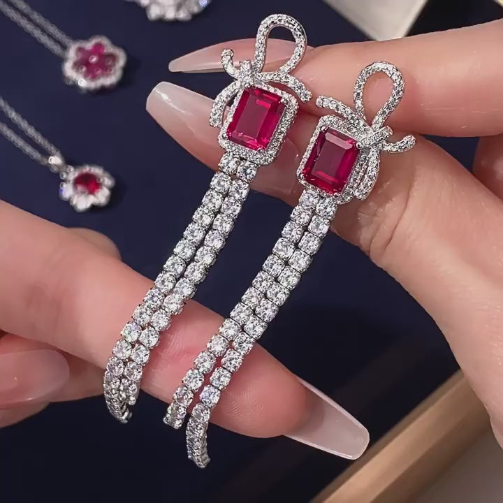 S925 Silver Ruby Bowknot Long Tassel Small Square Sugar Earrings