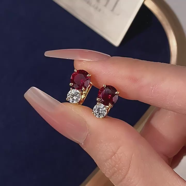 Four-Claw Double-Diamond Ruby Earrings S925 Silver Women's