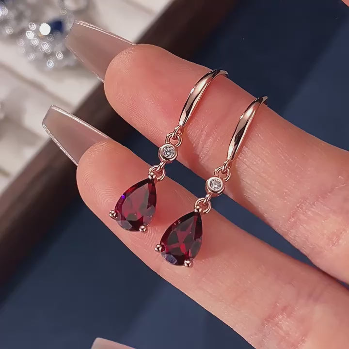 Garnet Niche Design Hoop Earrings S925 Silver Women's Style