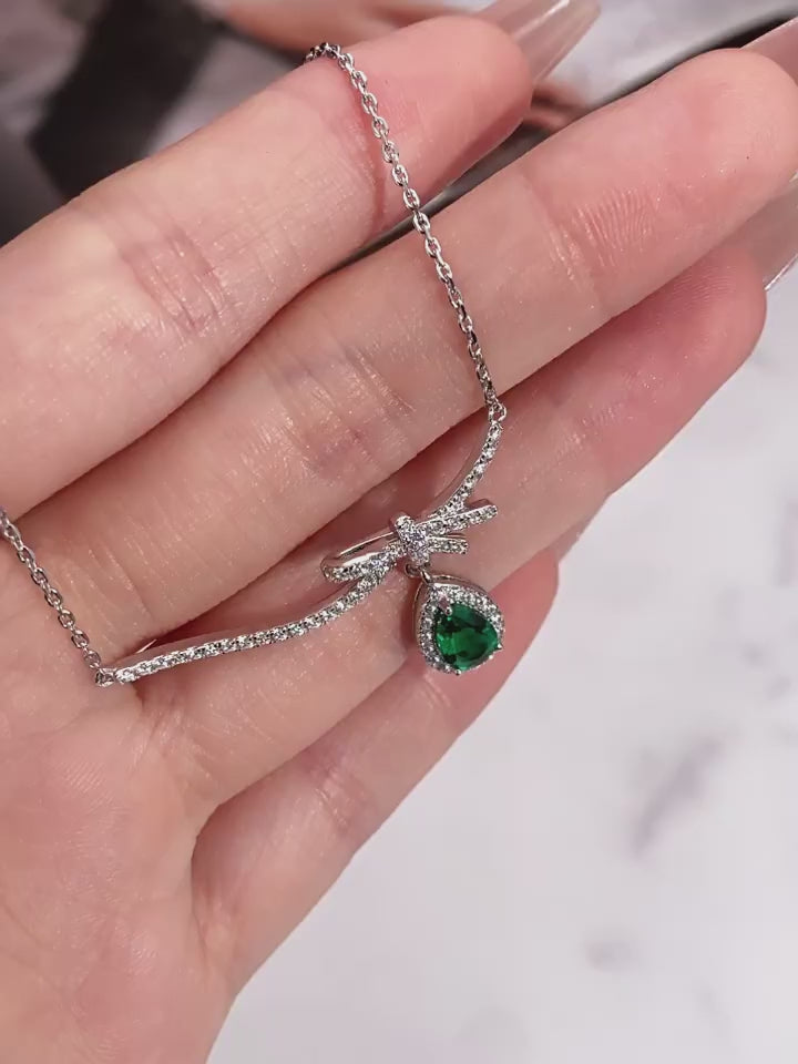 Emerald Bowknot Full-Diamond Collar Necklace S925 Silver Women's Style