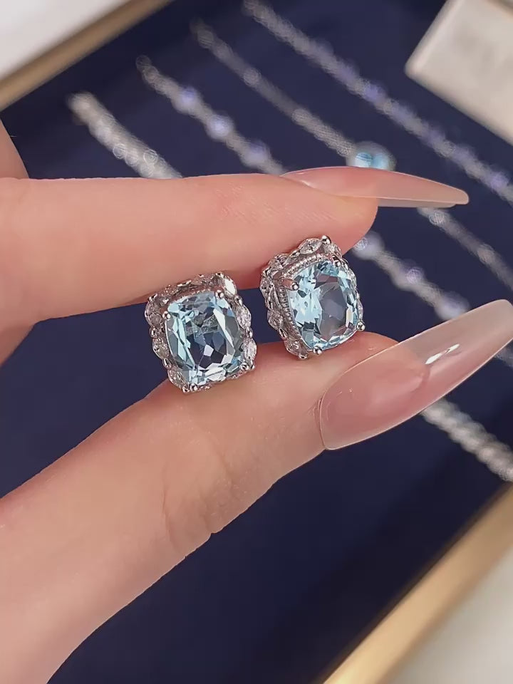 Natural Topaz Square Sugar Stud Earrings S925 Silver Women's Style