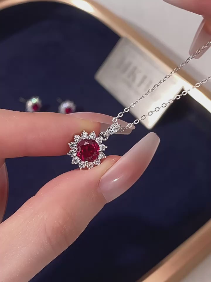 Brilliant Series Four-Claw Ruby Sunflower Necklace S925 Silver Women's Style