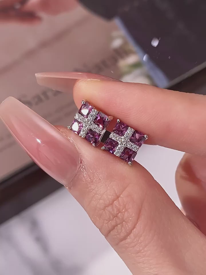 Rosy Purple Clover Garnet Stud Earrings S925 Silver Women's Style