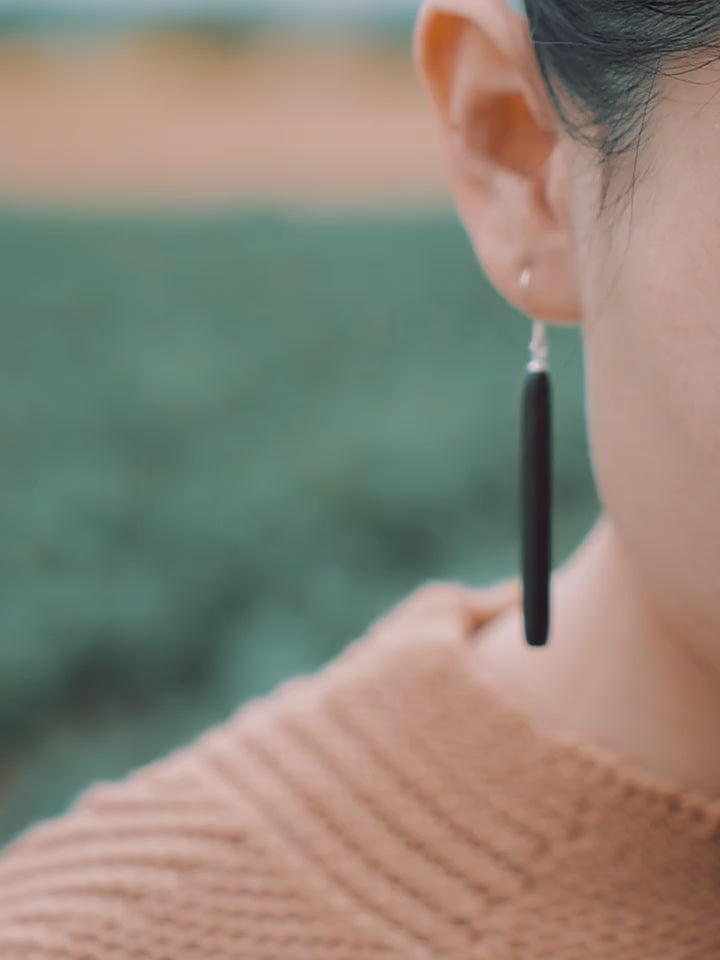 Handmade Ebony Wood Long Drop Earrings – 5th Wood Anniversary Gift for Wife, Minimalist Bar Earrings with 925 Silver Hooks, 2 Finishes