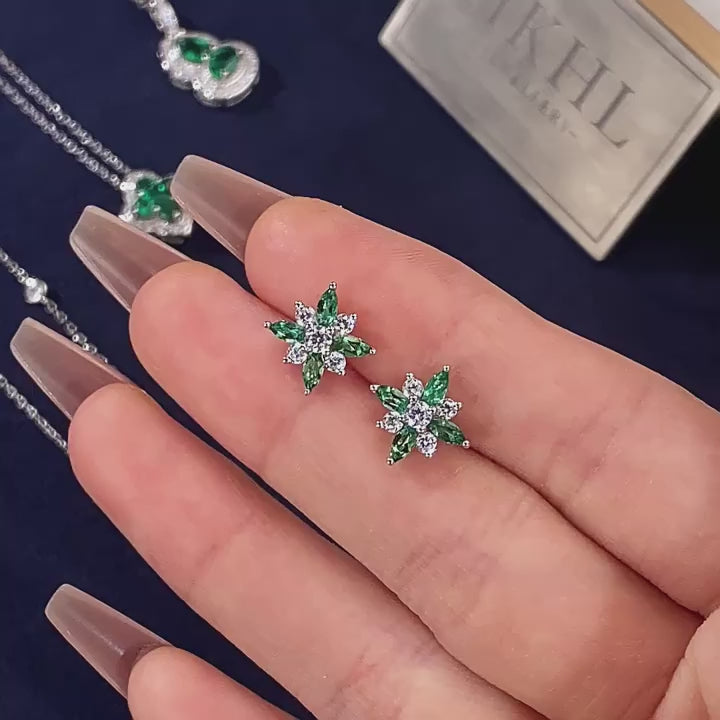 Emerald North Star Sparkling Diamond Stud Earrings S925 Silver Women's Style