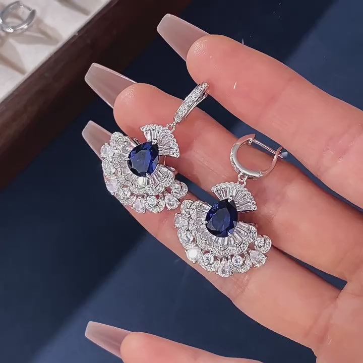 Royal Blue Sapphire Skirt Earrings S925 Silver
