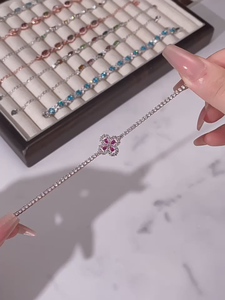 Ruby Lucky Clover Bracelet S925 Silver Women's Style