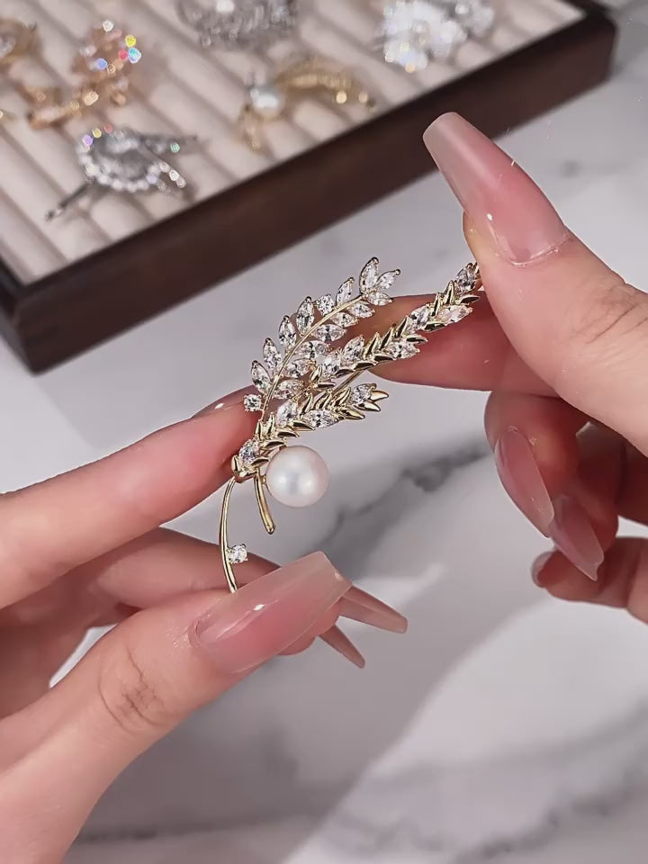 Pearl Wheat Ear Full-Diamond Brooch S925 Silver Women's Style