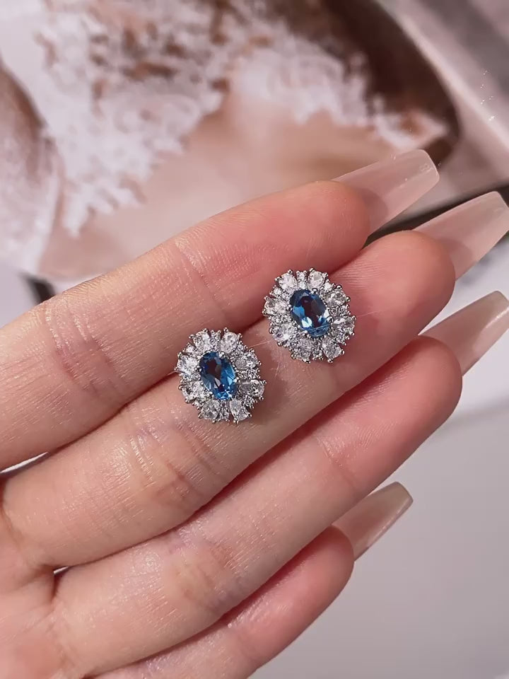 London Blue Topaz Full-Diamond Stud Earrings S925 Silver