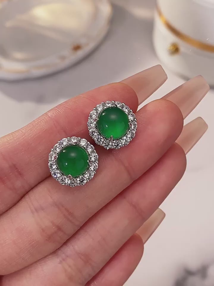 Jade Green Icy Chrysoprase Stud Earrings S925 Silver Women's Style