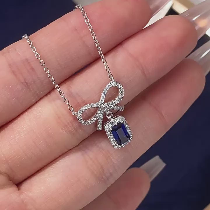 Sapphire Small Square Sugar Bowknot Necklace Women's Style