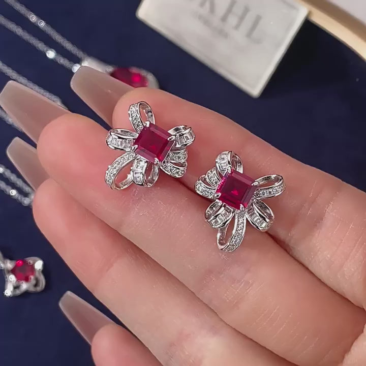 Ruby Bowknot Four-Claw Set Earrings
