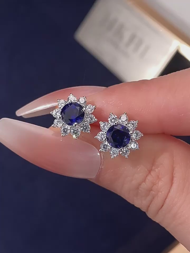 Brilliant Series Sapphire Sunflower Four-Claw Earrings S925 Silver