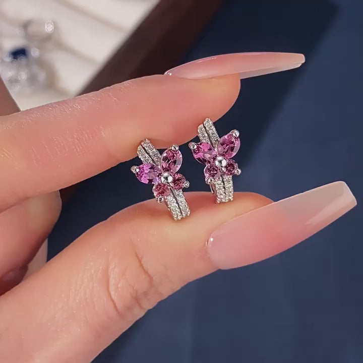 Garnet Butterfly Hoop Stud Earrings S925 Silver Women's Style