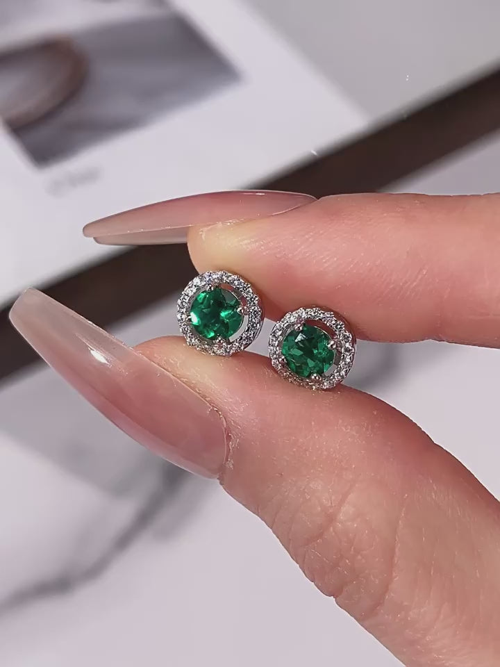 French Retro Full-Diamond Emerald Stud Earrings S925 Silver Women's Style
