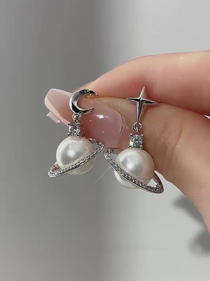 Pearl Moon Star Planet Stud Earrings S925 Silver Women's Style