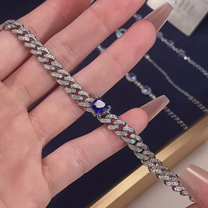 Heart Whisper Series Heart Sapphire Full-Diamond Cuban Link Bracelet