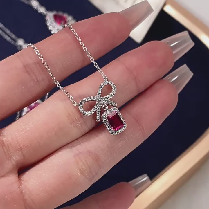 Ruby Small Square Sugar Bowknot Necklace Women's Style S925 Silver