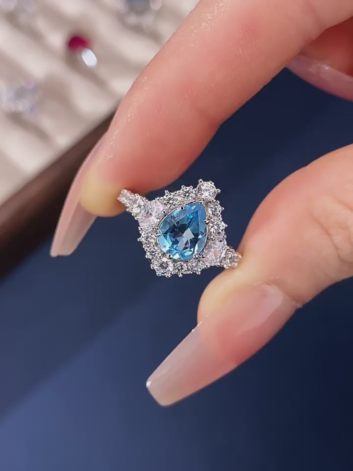 Natural Topaz Ice Blue Small Water Drop Ring Women's Style