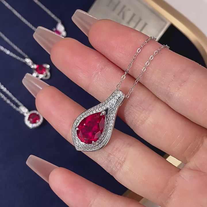 Pigeon Blood Ruby Teardrop Necklace Women's Style S925 Silver