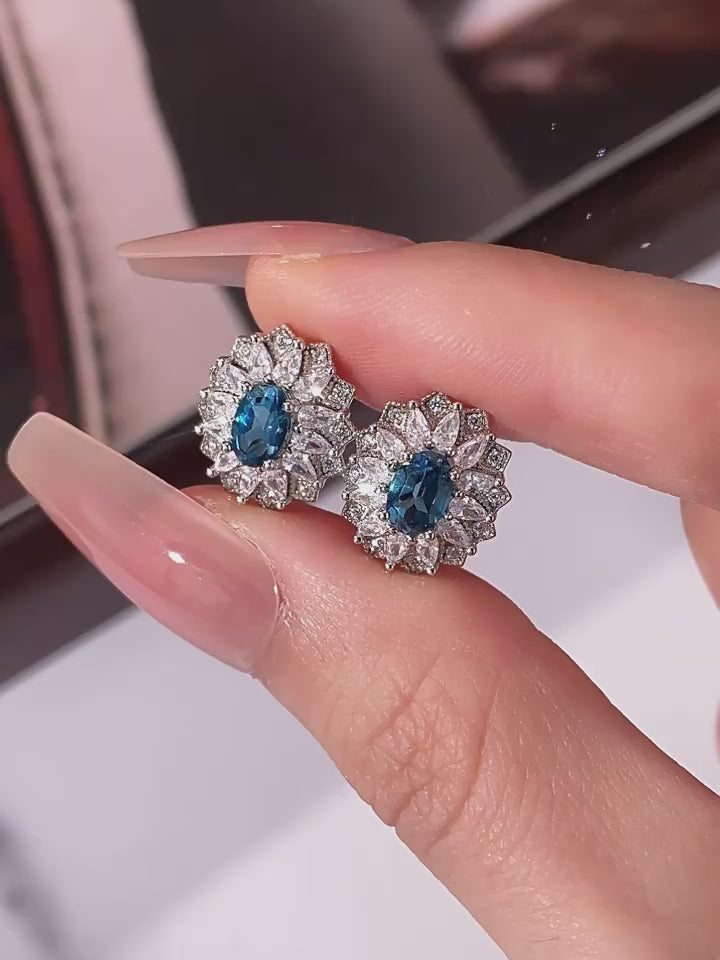 Topaz London Blue Sunflower Earrings S925 Silver Women's Style