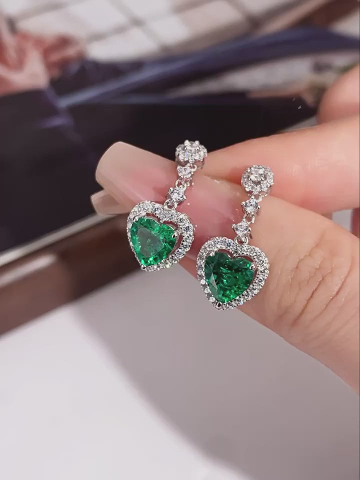 Emerald Heart Drop Earrings S925 Silver Women's Style