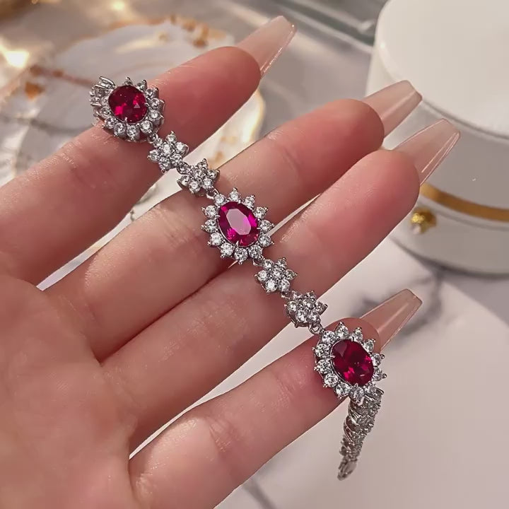 Ruby Three-Flower Bracelet S925 Silver Women's Style