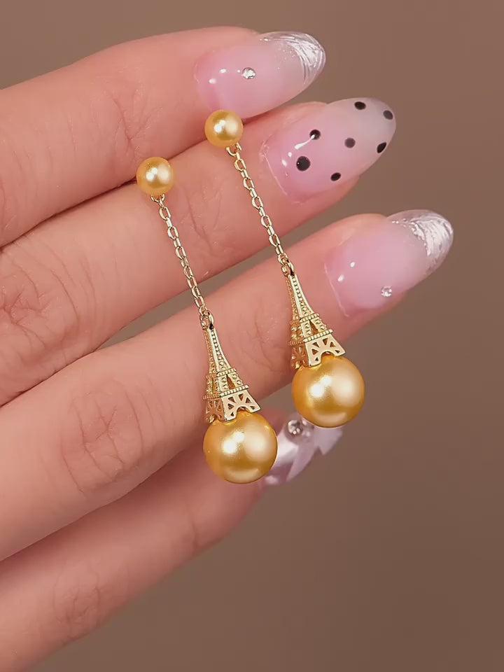 Shell Pearl Eiffel Tower Tassel Earrings S925 Silver Women's Style